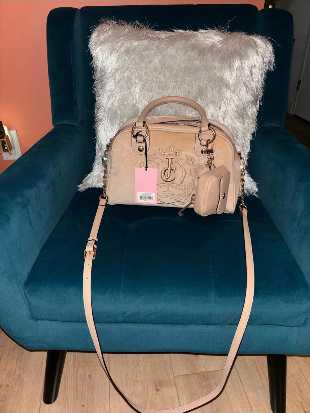 Juicy Couture Blush Beige Suede Satchel with Embossed Logo